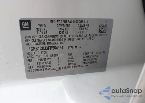 2015 GMC Yukon Denali z USA, uszkodzony, nr VIN 1GKS1CKJ3FR564554